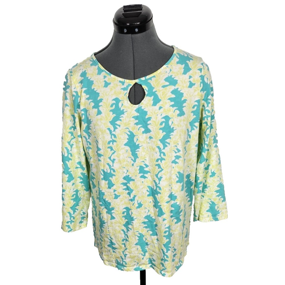 Pendleton Womens L Teal Lime Green Floral Leaf Keyhole Neck 3/4 Sleeve Top Shirt